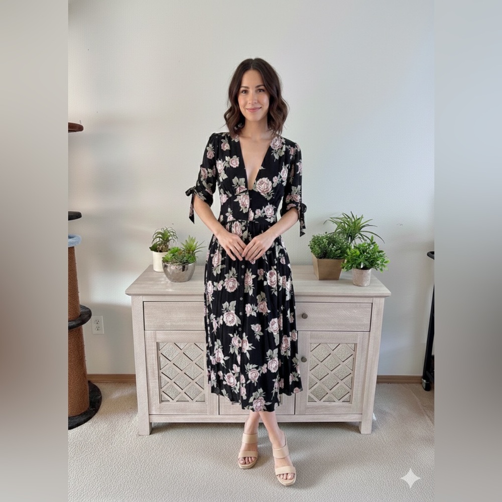 Free People Love of my Life Black pink floral midi dress small